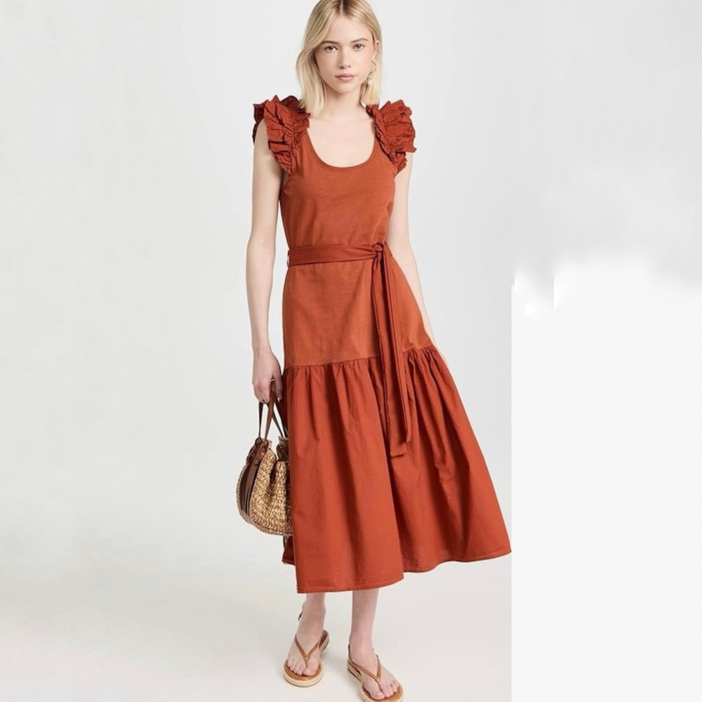 Nation LTD Everleigh Frilly Dress Midi Cayenne Rust Ruffle Tiered Medium
